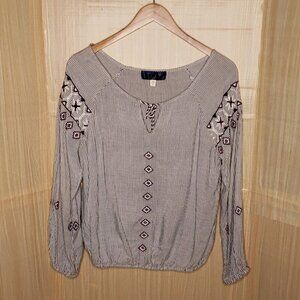 Blue Rain Womens Boho Blue White Stripe Oversized Embroidered Top XS
